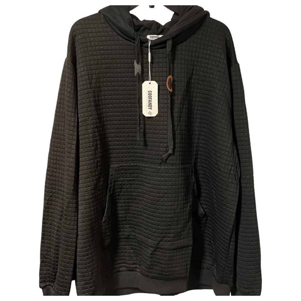 NWT Coofandy Mens Waffle Knit Hoodie Black Pullover Sweatshirt Size XXL‎
